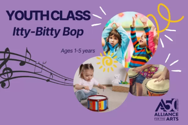 purple background with music notes on the left and three images on the right of little kids
