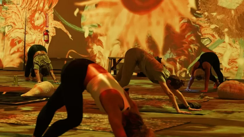 A group of people practicing yoga in a dimly lit room with immersive projections of sunflowers on the walls. The participants are in downward-facing dog pose on yoga mats, with some using blankets or cushions. The warm, golden lighting from the projections creates a serene atmosphere.