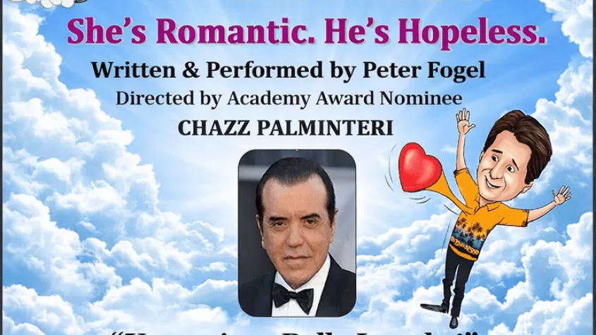 Promotional poster for Peter Fogel’s one-man show “Til Death Do Us … You First!” with a sky and clouds background.